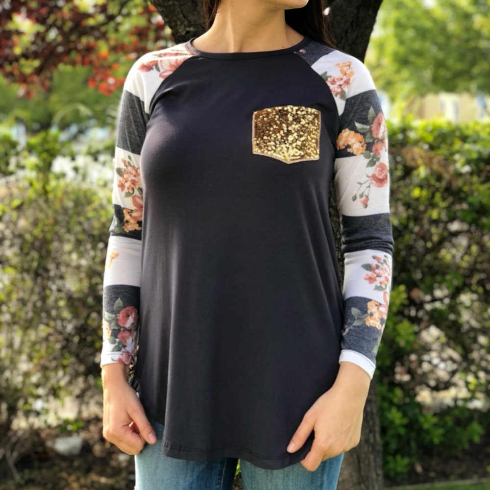 BE Stage Long Sleeve Striped Floral Top with Sequin Pocket